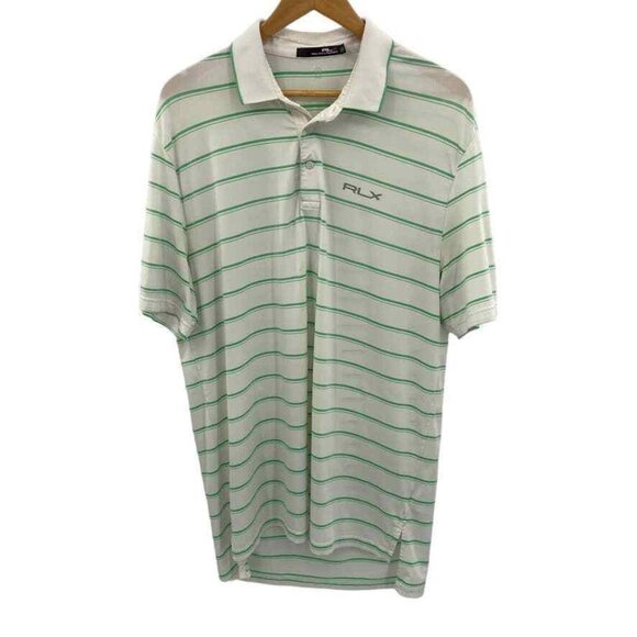 RLX Ralph Lauren Golf Polo Shirt Mens Large‎ White Green Stripe Polyester HOLE - Picture 1 of 8